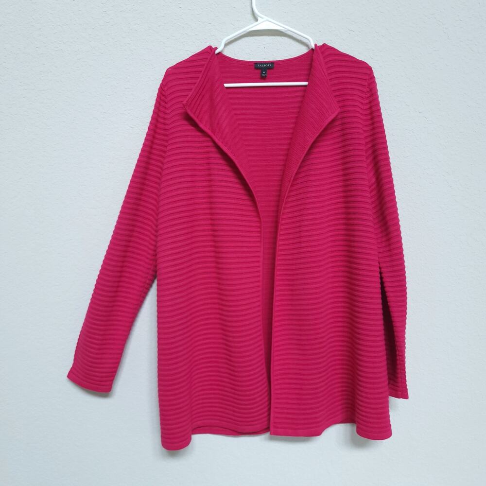 Talbots Ribbed Cardigan Sweater Womens M Medium Fuchsia Pink Open Front